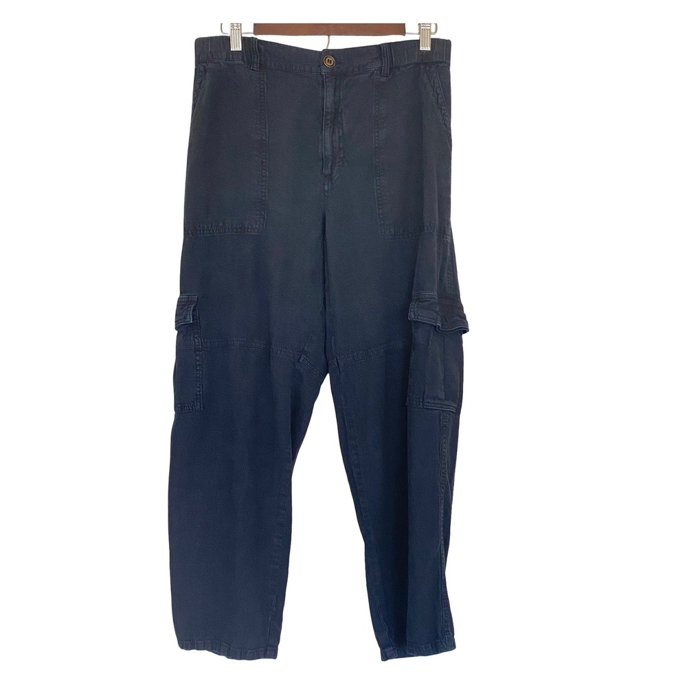 Pilcro Women's Cargo Pants Medium Navy Blue Linen Blend Wide Leg Utilitarian